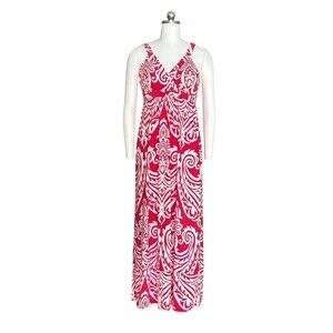 INC International Concepts Maxi Dress Womens S Red White Abstract V-Neck